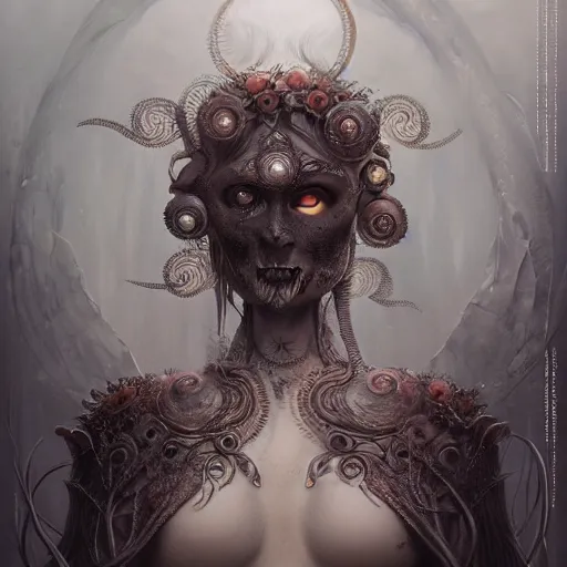 Image similar to curiosities from zynoids, soft paint of a single curvy beautiful warrior in full gothic armor, symmetry accurate features, eyeballs, vegetation tentacles, dense volumetric fog, focus, very intricate ultrafine details, gloomy colors, award winning masterpiece, tom bagshaw artstyle