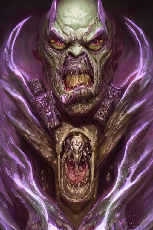 Image similar to portrait of hulking herculean ainz ooal gown undead lich, from overlord, warlock purple robes, magical electricity, upper body, fantasy, intricate, elegant, highly detailed, digital painting, artstation, concept art, sharp focus, illustration, art by artgerm and greg rutkowski and alphonse mucha