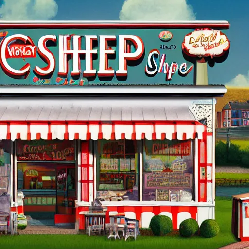 Image similar to digital matte glossy painting nostalgic 1 9 5 0 s ice cream shoppe and village britain, detailed in the style of trevor mitchell