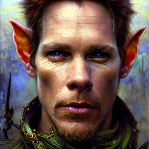 Image similar to highly detailed portrait of a poor thief in the form of a beautiful male elf, d & d. art by donato giancola, eugene delacroix, ruan jia, carl larsson, peter mohrbacher. trending on artstation, intricate details, energetic composition, concept art, illustration, elegant art, global illuminaition, face of kevin bacon