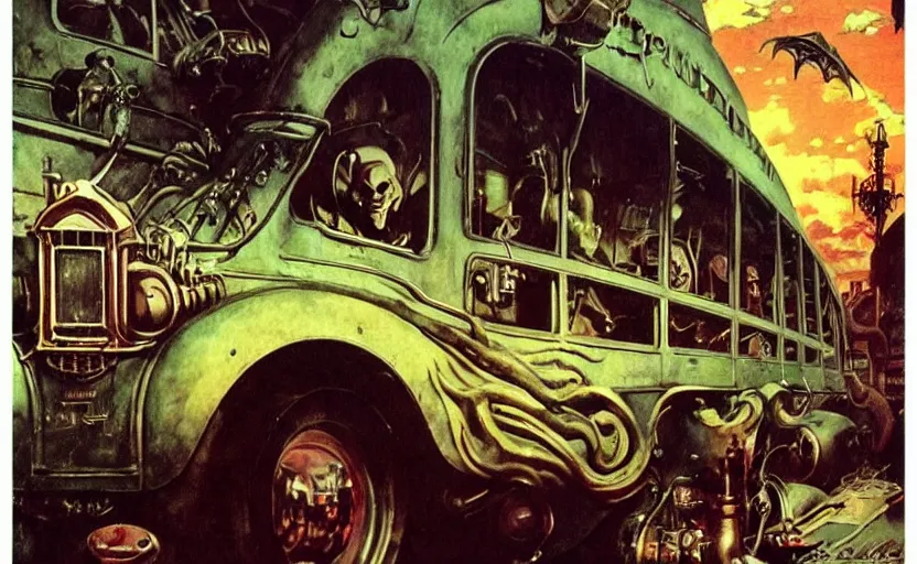 Prompt: cthulhu driving a steampunk school bus. highly detailed science fiction painting by norman rockwell, frank frazetta, and syd mead. rich colors, high contrast, gloomy atmosphere, dark background. trending on artstation