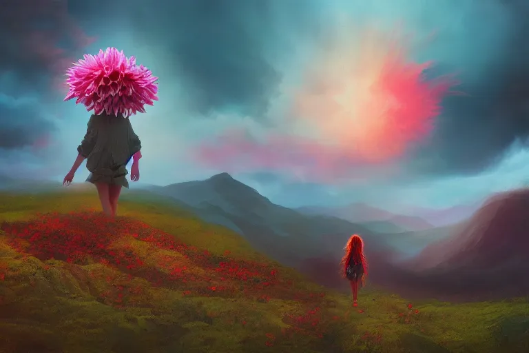 Image similar to face covered giant dahlia flower, girl on mountain, surreal photography, blue storm clouds, dramatic light, impressionist painting, digital painting, artstation, simon stalenhag