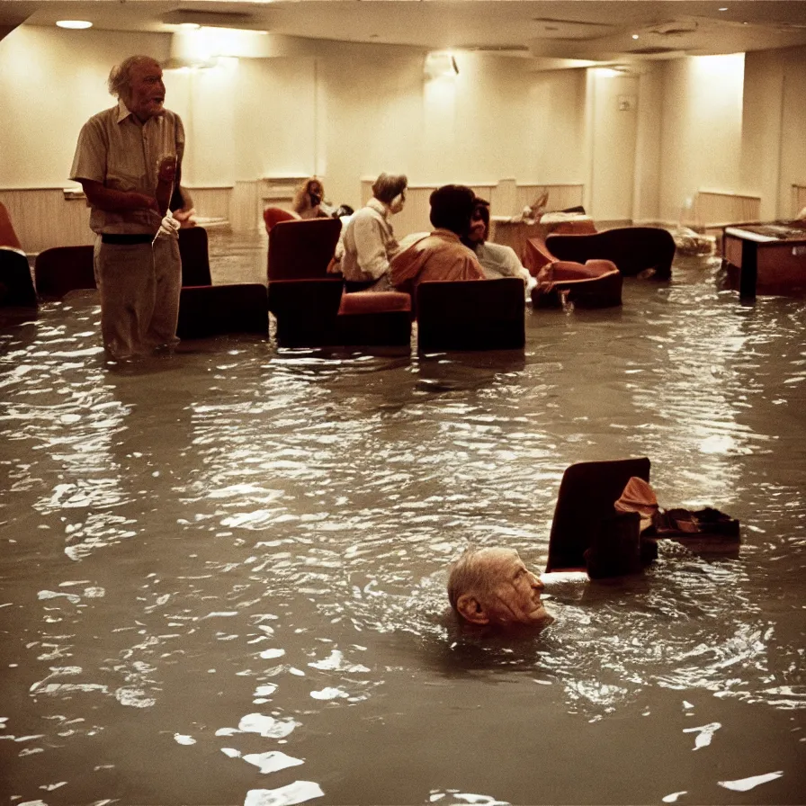 Image similar to 7 0 s movie still of an old man drowning in a soviet ballroom flooded in worms, cinestill 8 0 0 t 3 5 mm, heavy grain, high quality, high detail