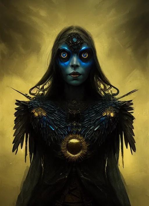 Prompt: Her huge ominous glowing blue eyes staring into my soul, WLOP, Tomasz strzalkowski, 8k portrait render, raven angel wings, cyberpunk, dramatic lighting, dark fantasy art, rococo, gold filigree, cgsociety