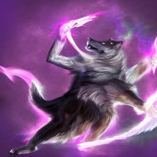 Image similar to wizard is casting magic spells as a wolf, dynamic pose, chromatic aberration, medium level shot, fantasy, illustration, concept art,