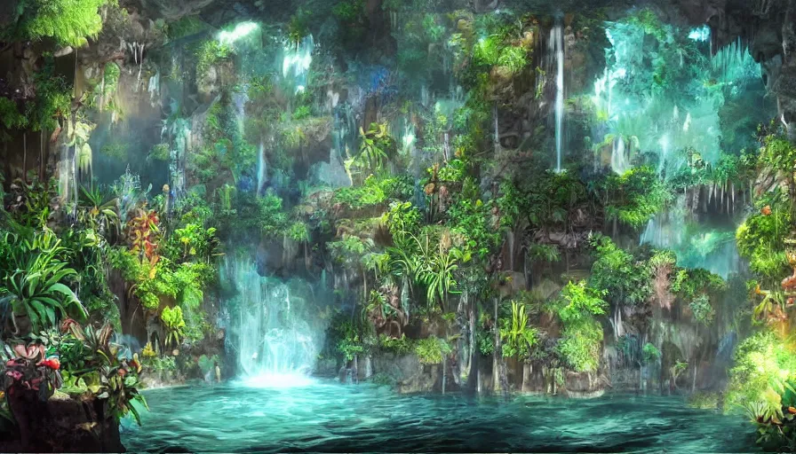 Image similar to concept art of a huge underground jungle cave with waterfalls, luminescent plants, colorful, high detailed, ultra realistic