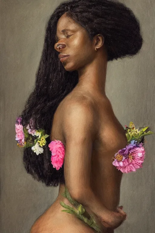 Image similar to an African American woman's face in profile, long dark hair, made of flowers and fruit, in the style of the Dutch masters and Gregory crewdson, dark and moody