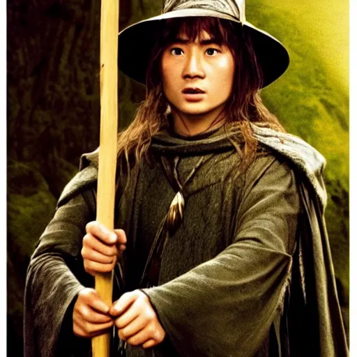 Image similar to a still from “ lord of the rings ” of a head and shoulders portrait of fei lung as a wizard with a hat and a wooden staff, photo by phil noto