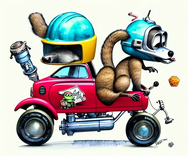 Prompt: cute and funny, racoon wearing a helmet riding in a tiny hot rod with oversized engine, ratfink style by ed roth, centered award winning watercolor pen illustration, isometric illustration by chihiro iwasaki, edited by beeple, tiny details by artgerm, symmetrically isometrically centered