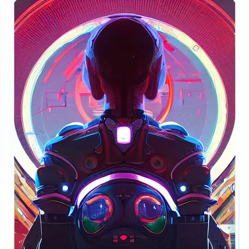 Prompt: symmetry, abstract futuristic robotic, psychedelic background, apex legends, epic lighting, illustration black outlining, ultra detailed, art by artgerm and greg rutkowski and alphonse mucha