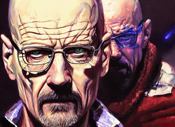 Image similar to a highly detailed beautiful portrait of walter white cyberpunk, by gregory manchess, james gurney, james jean