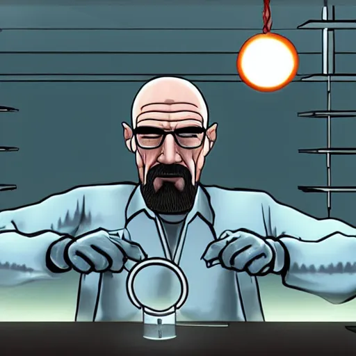 Prompt: gordon freeman as walter white synthesizing xen crystals in a meth lab
