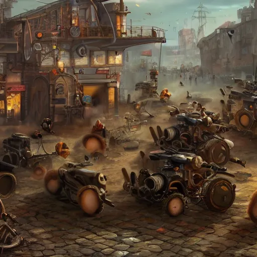 Image similar to oil painting of many hamsters, berets, guns, rocket launchers, close shot, medium shot, steampunk clothes, steampunk city background, sharp focus, fantasy style, octane render, volumetric lighting, 8k high definition, by greg rutkowski, highly detailed, trending on art Station, explosions, centered