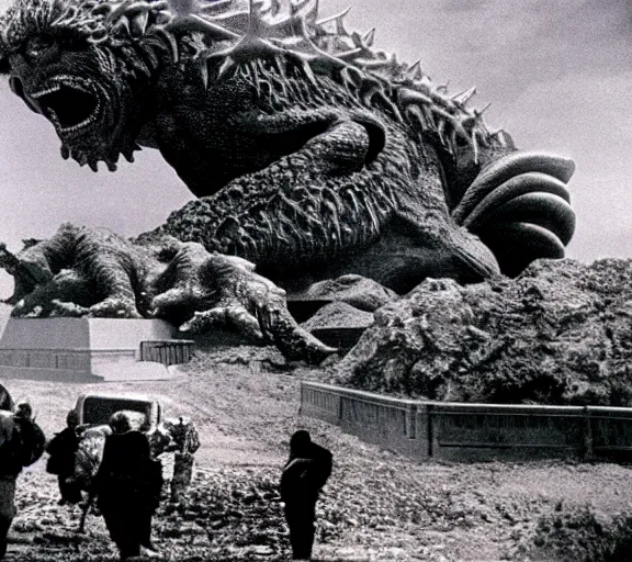 Image similar to Pulgasari the North Korean monster, volumetric lighting, filmstill, produced by Kim Jong-il, Kodachrome, kaiju-eiga, starfish monster movie, communist propaganda, film noir, 35mm film grain, Cooke Varotal 20-100mm T3.1