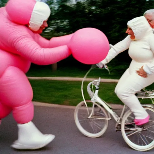 Image similar to a martin parr photo of a grandpa couple, wearing michelin man white body costumes, going super fast on a pink pig, 1 9 7 0 s kodachrome colour photo, flash on camera, w 1 0 2 4