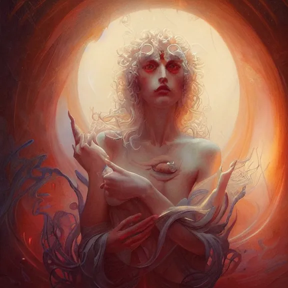 Image similar to a highly detailed beautiful portrait in the style of peter mohrbacher and in the style of jean delville. glowing runes of magical power.