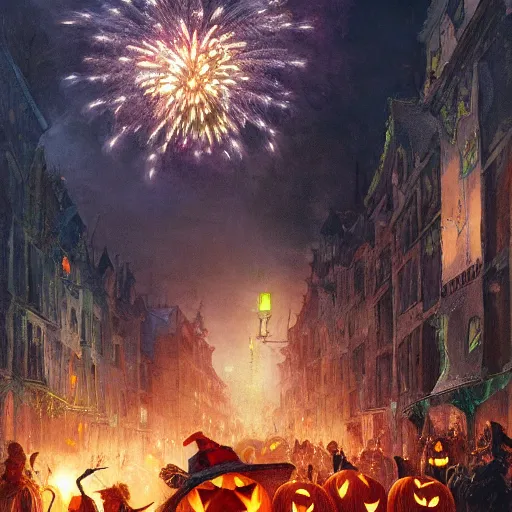 Prompt: halloween festival with colorful fireworks, 8 k octane beautifully detailed render, post - processing, extremely hyper - detailed, intricate, epic composition, cinematic lighting, masterpiece, trending on artstation, masterpiece, stunning art by anders zorn, wonderful masterpiece by greg rutkowski, beautiful cinematic