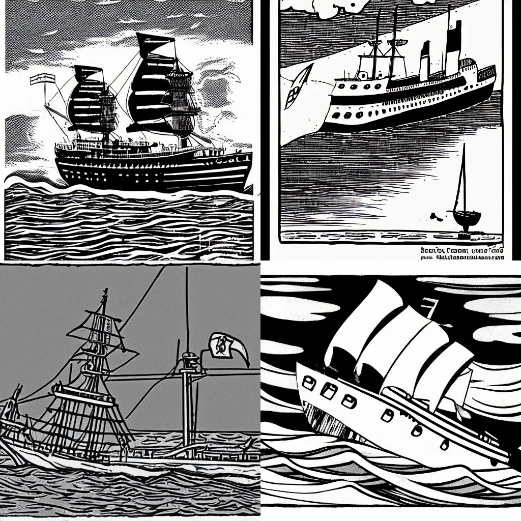 Prompt: An Illustration of an ship in the sea, black an white in the style of herge, fine detail, highly detailed