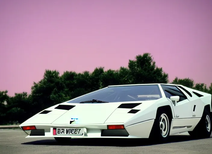Prompt: a white lamborghini countach. palms and blue sky in the background. 8 0's style. purpur to pink gradient