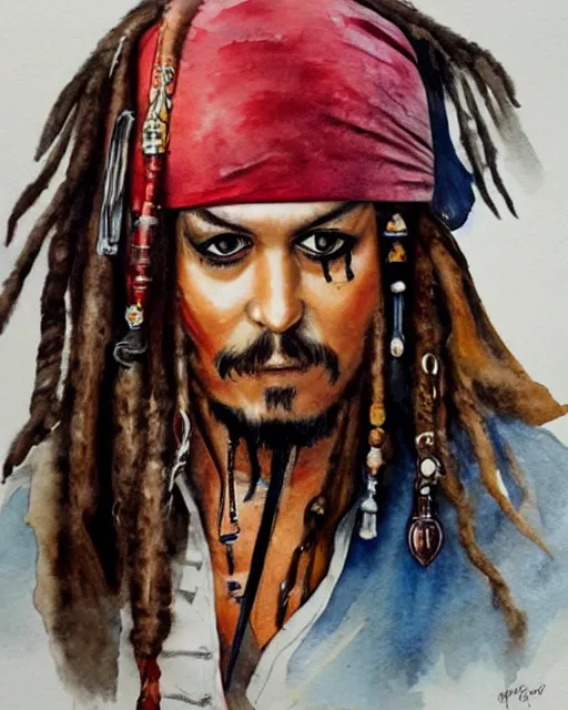 Prompt: portrait of captain jack sparrow, painterly style, matte illustration, watercolour