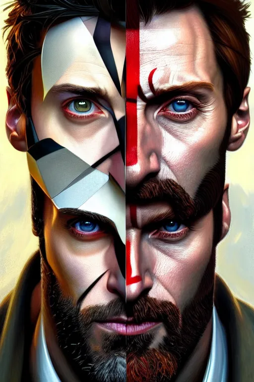 Image similar to symmetry!! portrait of hugh jackman in the boys in the style of god of war, machine parts embedded into face, intricate, elegant, highly detailed, digital painting, artstation, concept art, smooth, sharp focus, illustration, art by artgerm and greg rutkowski and alphonse mucha, 8 k