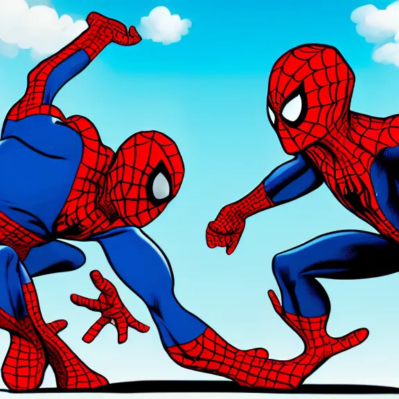 Image similar to two spiderman poiting at each other, cartoon, high resolution, surprise, drawing