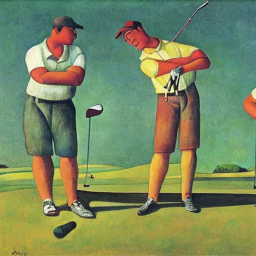 Image similar to Three golfers on a beautiful golf course, by Diego Rivera