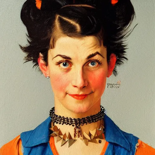 Prompt: Front portrait of an amused woman with black hair and ice blue eyes, wearing a spiked necklace and an orange tank top. A painting by Norman Rockwell.