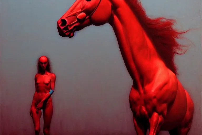 Prompt: a white cyberpunk horses with human heads, in the style of beksinski, parts by edward hopper, parts by rodcenko, parts by yue minjun, intricate and epic composition, red by caravaggio, insanely quality, highly detailed, masterpiece, red light, artstation, 4 k