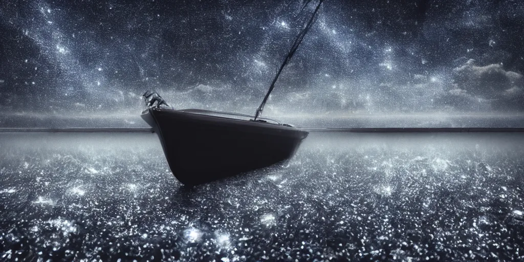 Prompt: a highly detailed realistic photographic render of a boat in a sea of stars, surreal, cinematic lighting, cinematic scene, volumetric lighting, atmospheric scene, dark, mystery, atmospheric lighting, realistic, photo realism, hyper realistic, hyper realism, photo realisitc, cinematic render, film, beautifully lit, ray traced, octane 3 d render, octane render, unreal engine