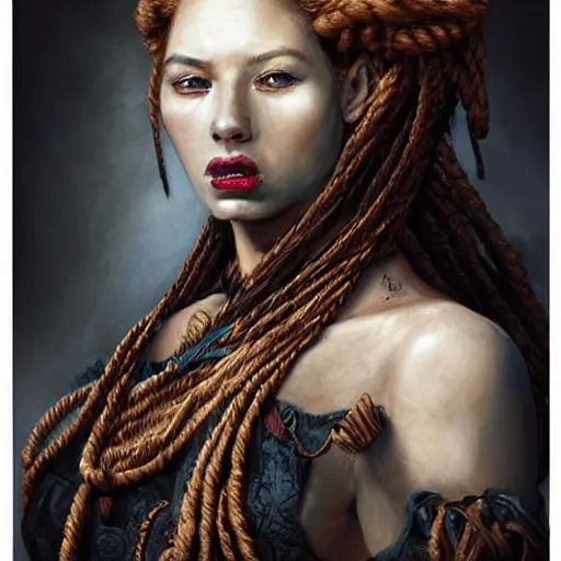 Image similar to portrait of a Shibari rope wrapped face and neck, headshot, insanely nice professional hair style, dramatic hair color, digital painting, of a old 15th century, zulu warrior, amber jewels, baroque, ornate clothing, scifi, realistic, hyperdetailed, chiaroscuro, concept art, art by Franz Hals and Jon Foster and Ayami Kojima and Amano and Karol Bak,