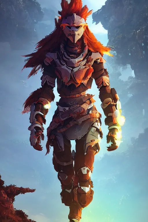 Image similar to combination suit armor aloy horizon forbidden west horizon zero dawn radiating a glowing aura global illumination ray tracing hdr fanart arstation by ian pesty and alena aenami artworks in 4 k tribal robot ninja mask helmet backpack