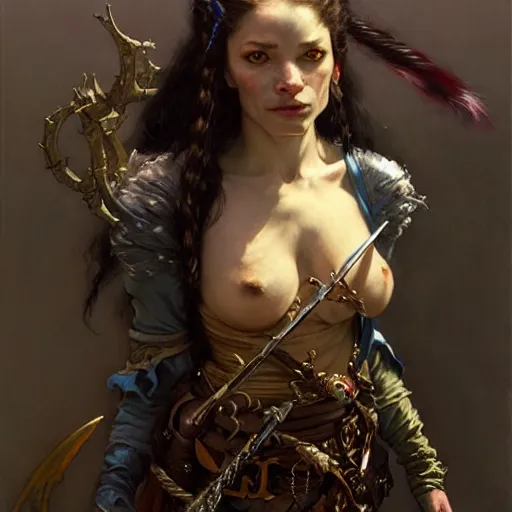 Image similar to highly detailed portrait of a fantasy rogue in the form of a beautiful halfling. d & d. art by donato giancola, eugene delacroix, ruan jia, carl larsson, peter mohrbacher. trending on artstation, intricate details, energetic composition, concept art, illustration, elegant art, global illuminaition