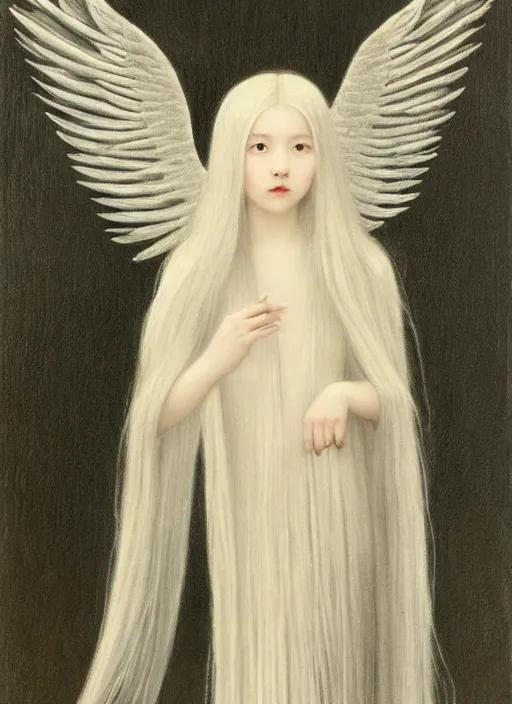 Image similar to thin young wan beautiful angel, silver hair so long, pale!, long silver hair, silver angel wings, smooth skin, wan adorable korean face, silver hair!!, style of fernand khnopff and lucien levy - dhurmer, oil on canvas, 1 8 6 2, 4 k resolution, aesthetic!,