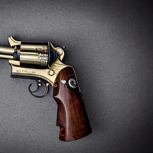 Image similar to product photography of a steampunk revolver