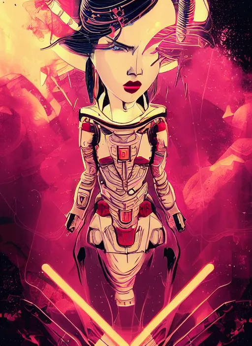 Image similar to a futuristic female geisha warrior, red hair made out of water, blade runner, akira, ghost in the shell, 2077, style of Laurie Greasley and Satoshi Kon + symmetric lights and smoke, psychedelic effects , glowing particles, neon rain, glowing runes, de-noise, symmetrical composition, high detailed + tarot card, ornate border, 8k,