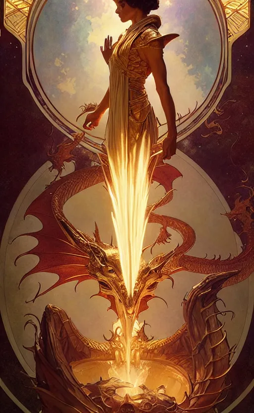 Image similar to magic gold dragon gorgeous lighting by weta studio, mucha, bautista and norman rockwell and greg rutkowski and tom bagshaw and james gurney and lucasfilm