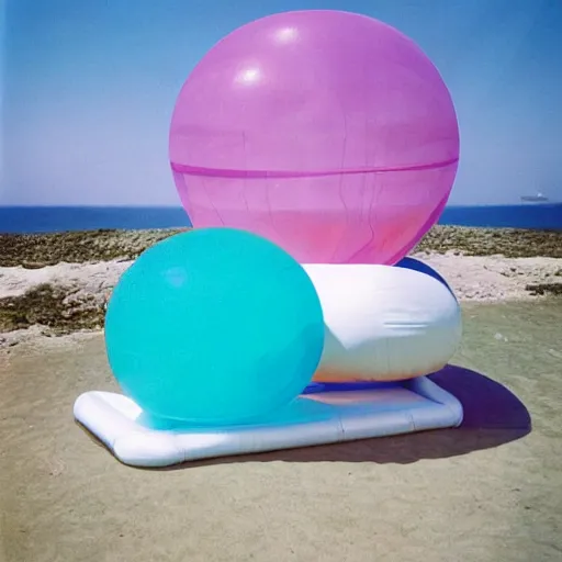 Image similar to a pastel colour high fidelity wide angle Polaroid art photo from a holiday album at a seaside with abstract inflatable parachute furniture, spheres and a sculpture, all objects made of transparent iridescent Perspex and metallic silver, a grid of sun beds iridescence, nostalgic