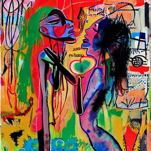 Image similar to acrylic painting of two bizarre psychedelic goth women kissing in china in summertime, speculative evolution, mixed media collage by basquiat and jackson pollock, maximalist magazine collage art, sapphic art, psychedelic illustration