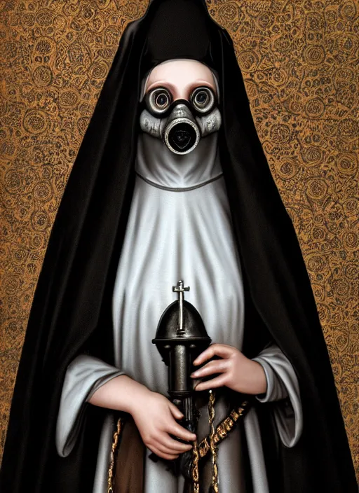 Image similar to highly detailed closeup portrait of a goth medieval nun wearing a crown and a gas mask sitting on a throne, nicoletta ceccoli, mark ryden, lostfish, global illumination, god rays, detailed and intricate environment