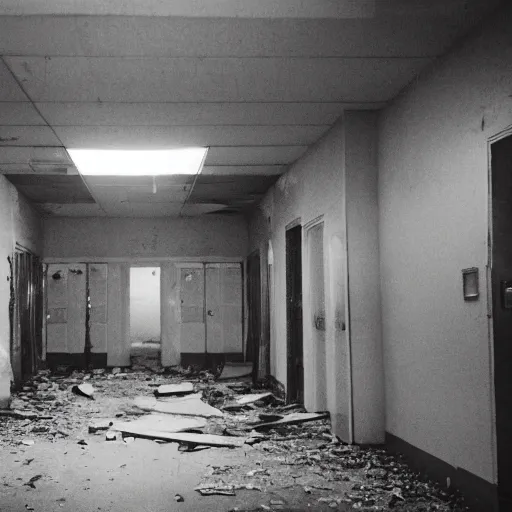 Prompt: an eerie photo of in an abandoned hospital in an inconspicuous place there are human figures from the 1 9 9 0 s at night, disposable film,