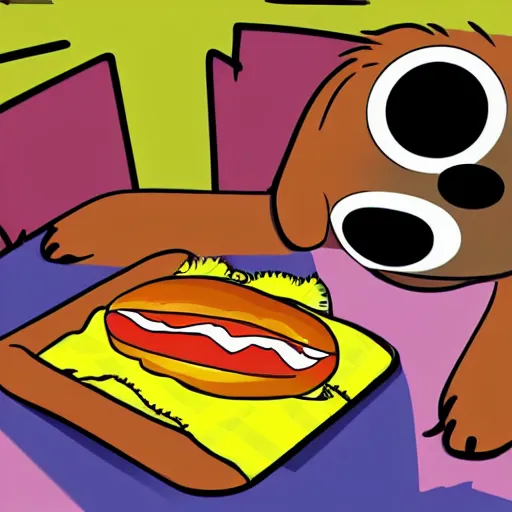 Image similar to of a dog in the style of disney!! cell shading style!! selling hot dogs on a sunny day