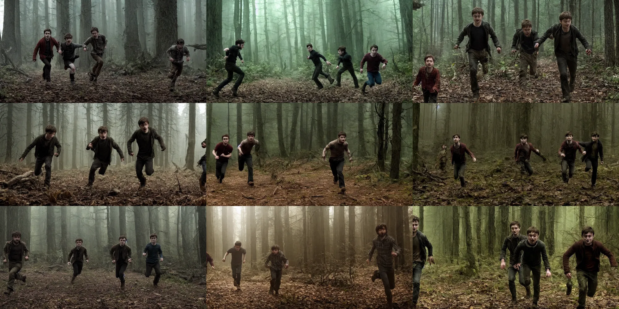 Prompt: daniel radcliffe and elijah wood running away from a grotesque monster in the dark in a forest in a horror movie set in the 1 8 0 0's, high quality screengrab 4 k cinematic