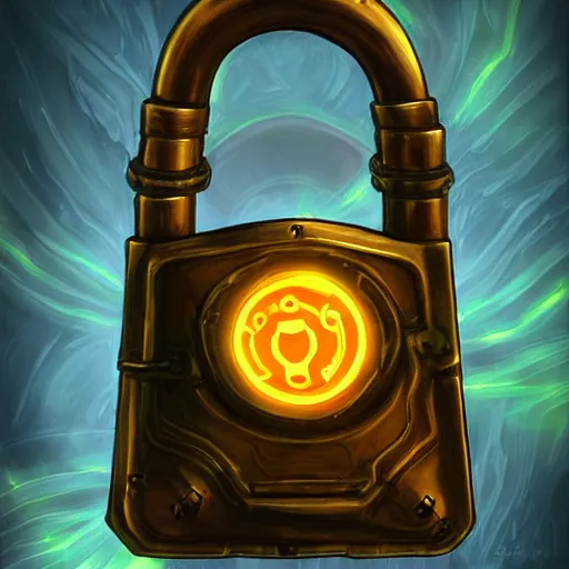 Image similar to a glowing steampunk keyed padlock 🔒 🔑, fantasy digital art, magical background in the style of hearthstone artwork