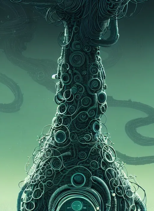 Image similar to highly detailed portrait of a biopunk long curly white hair tribal lady, stray wiring by atey ghailan, james gilleard, by joe fenton, by greg rutkowski, by greg tocchini, by kaethe butcher, 4 k resolution, gradient green, black and white color scheme!!! ( ( irradiated robotic spire landscape background ) )