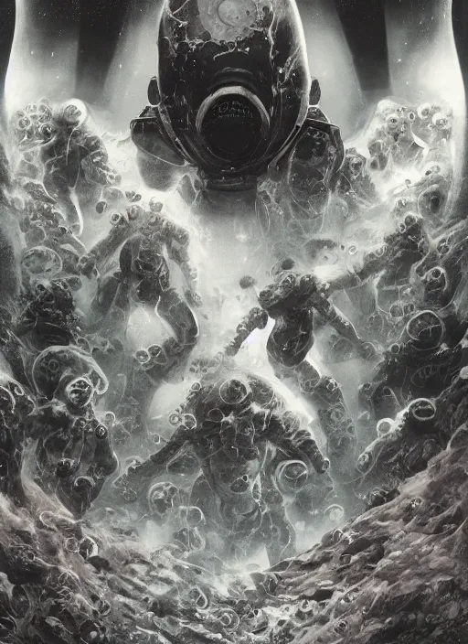 Image similar to symmetrical astronauts in dark and empty void underwater - complex and hyperdetailed technical suit. reflection and dispersion materials. rays and dispersion of light. volumetric light. 5 0 mm, f / 3 2. noise film photo. flash photography. ultra realistic, wide angle. poster by wayne barlowe, hajime sorayama aaron horkey, craig mullins