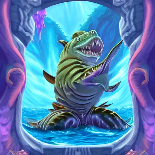 Image similar to 🦈 🐊 🐈 , fantasy digital art, magical background in the style of hearthstone artwork