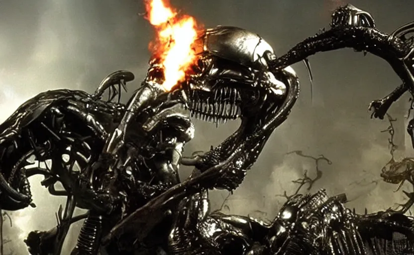 Prompt: terminator vs alien vs predator vfx film hd
