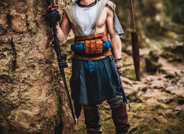 Image similar to portrait photo still of real life chrono trigger character crono played by josh hutcherson, 8 k, 8 5 mm f 1. 8