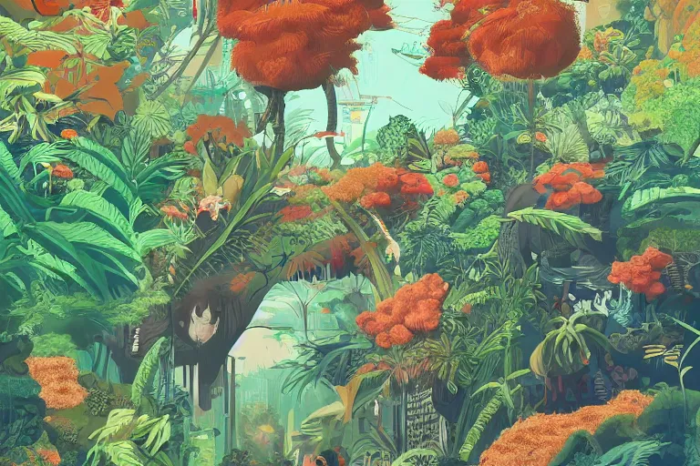 Prompt: 2 d gouache illustration, a lot of exotic vegetation, trees, ( rotterdam gabber from 9 0's ). extreme long shot, flowers, oldschool vintage sci - fi flat surreal design, super - detailed, painting by satoshi kon, hd, 4 k, high quality